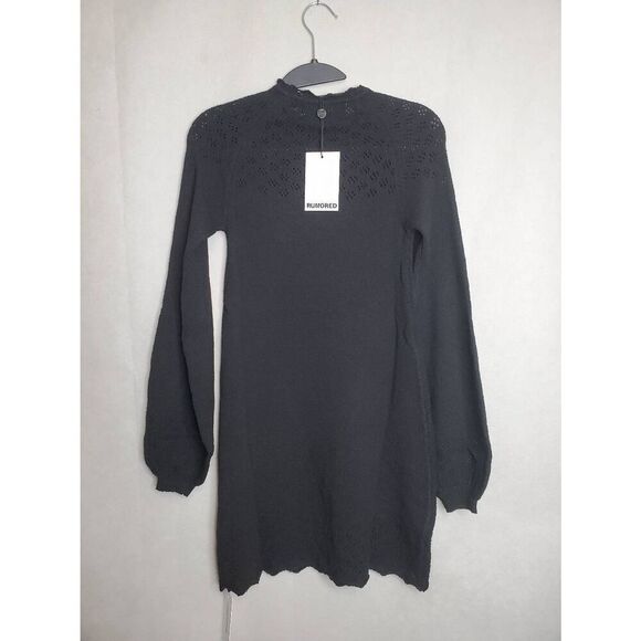 Rumored Vermont Balloon Sleeve High Neck Lettuce Hem Mini Sweater Dress in Black - Picture 6 of 8